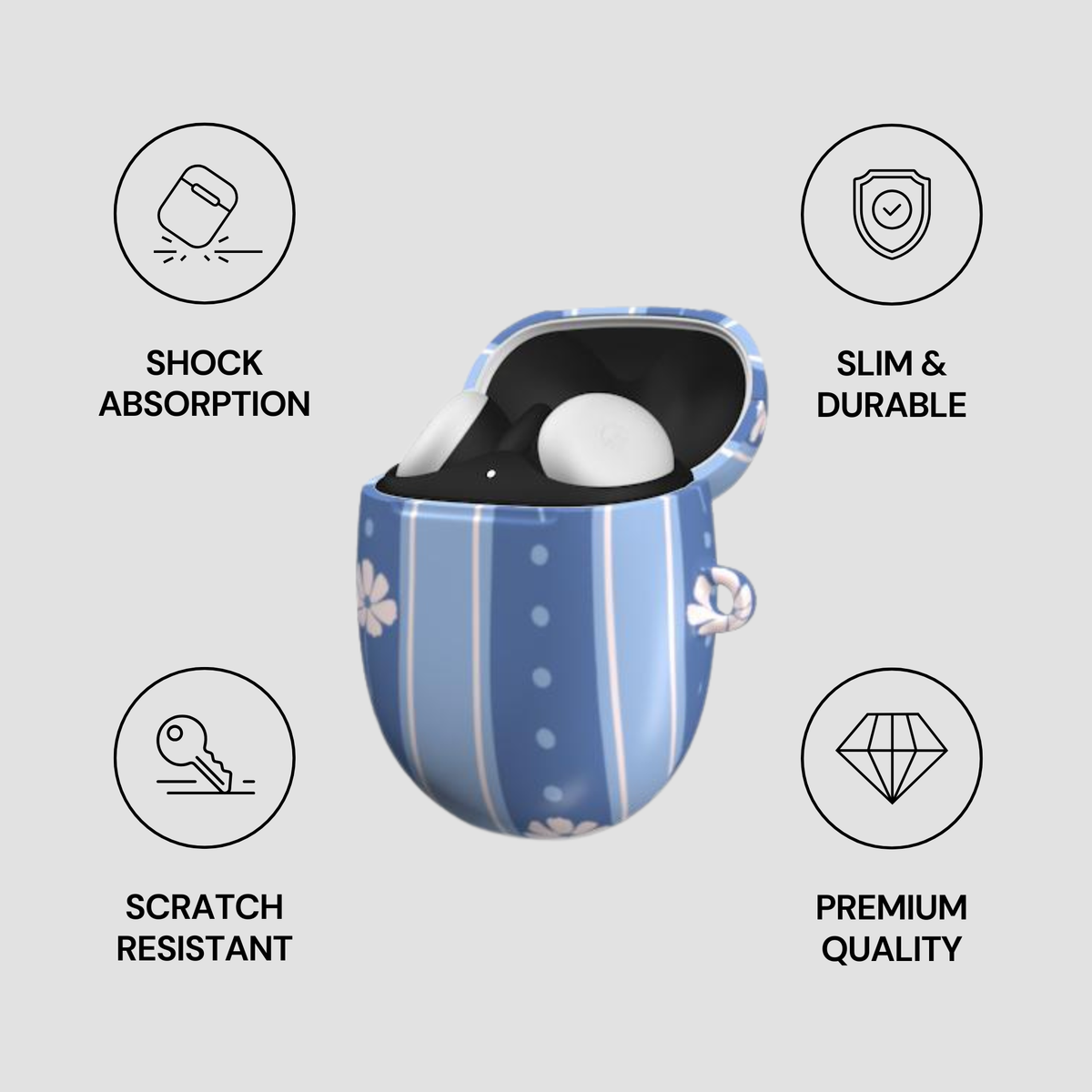 Blue and white striped wireless earbuds case with floral accents, shown open with earbuds inside on a light gray background, surrounded by feature icons for shock absorption, slim and durable design, scratch resistance, and premium quality.