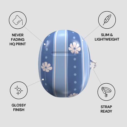 A blue glossy oval case with white floral and stripe patterns, shown on a light gray background with four feature callouts: never fading HQ print, slim and lightweight, glossy finish, and strap ready.