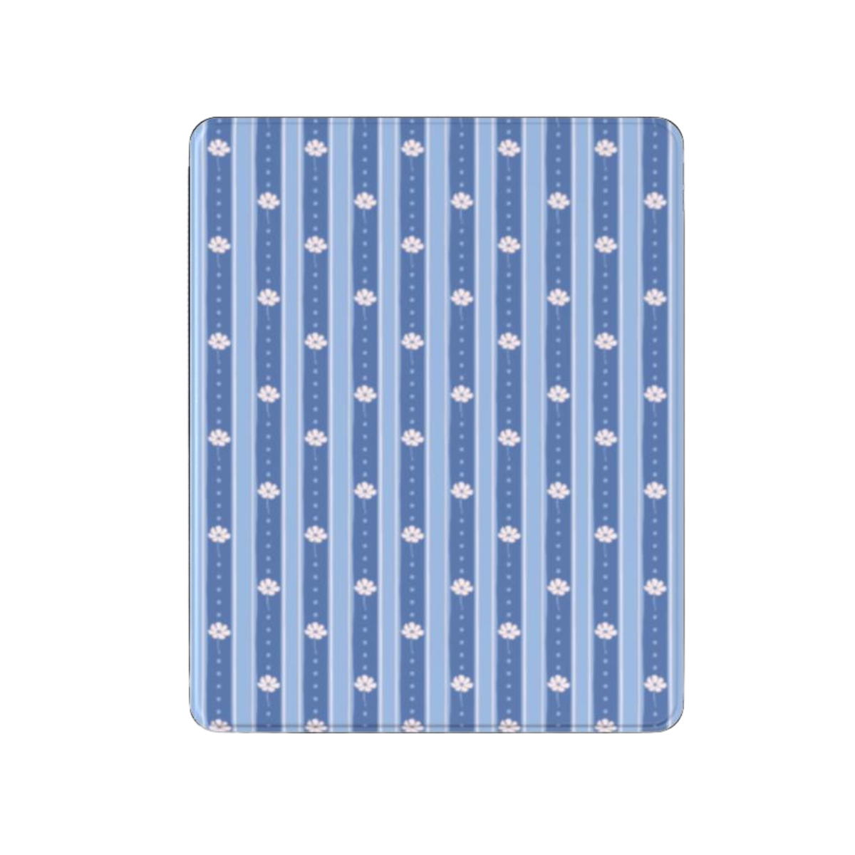 A square tablet skin or case cover featuring a blue and white vertical stripe pattern with small white floral motifs, shown on a plain white background.