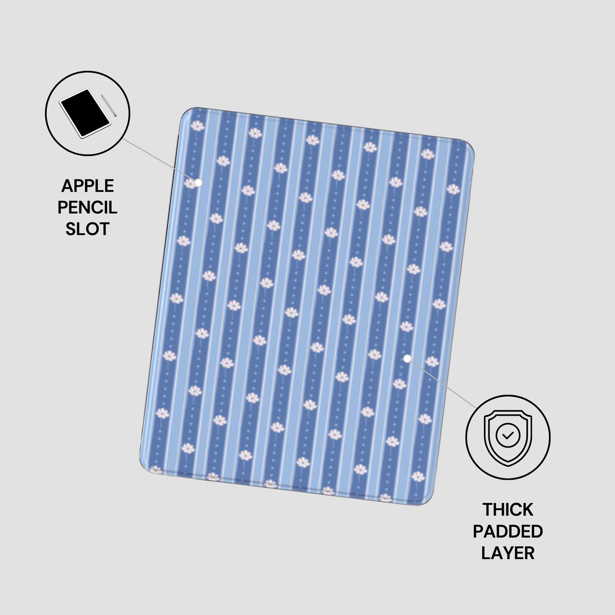 A blue striped tablet skin or case with a white cloud pattern, shown on a light gray background with callout icons and text indicating an Apple pencil slot and thick padded layer.
