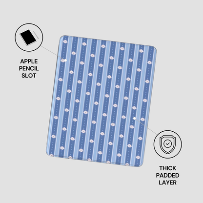 A blue striped tablet skin or case with a white cloud pattern, shown on a light gray background with callout icons and text indicating an Apple pencil slot and thick padded layer.