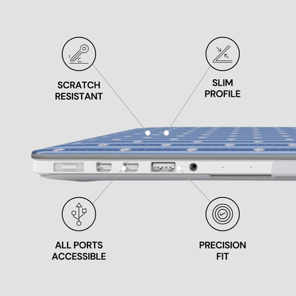 A close-up side view of a blue and white patterned laptop skin or cover applied to a slim silver laptop, with four callout icons and text reading 'SCRATCH RESISTANT,' 'SLIM PROFILE,' 'ALL PORTS ACCESSIBLE,' and 'PRECISION FIT' on a light gray background.
