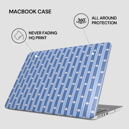 A MacBook laptop with a blue patterned protective case shown on a light gray background, with callout text reading 'MACBOOK CASE,' 'NEVER FADING HQ PRINT,' '360° ALL AROUND PROTECTION,' and '3D TPU CASE.'.