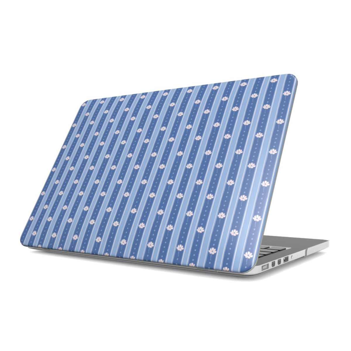 A silver laptop with a protective skin featuring a blue and white vertical stripe pattern with small paw prints, shown on a white background.