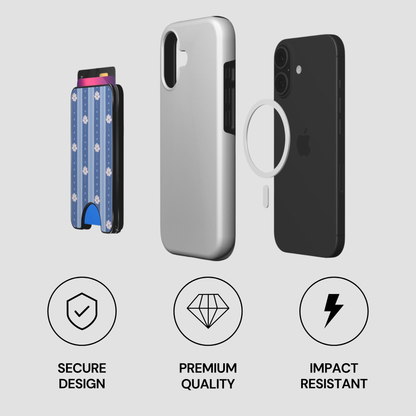 A phone case set shown on a light gray background with three circular feature icons below. The center product is a slim silver phone case with a white MagSafe ring, shown next to a black phone and a blue patterned wallet-style card holder.