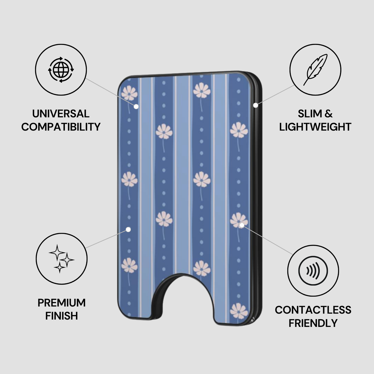 A blue patterned phone wallet case with a floral stripe design, shown on a light gray background with feature callouts: universal compatibility, slim and lightweight, premium finish, and contactless friendly.