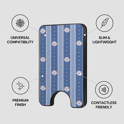 A blue patterned phone wallet case with a floral stripe design, shown on a light gray background with feature callouts: universal compatibility, slim and lightweight, premium finish, and contactless friendly.