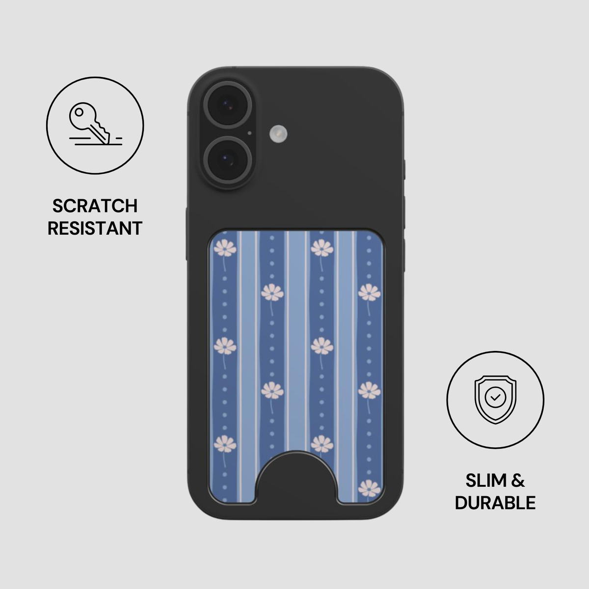 A black phone case with a blue and white striped floral card holder pocket, shown on a light gray background with feature icons for 'SCRATCH RESISTANT' and 'SLIM & DURABLE'.