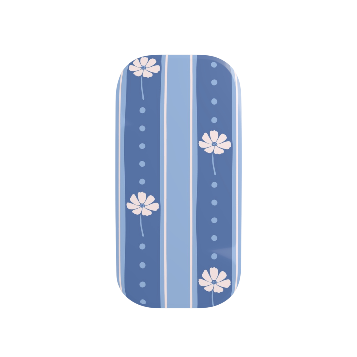 A rectangular cosmetic case with rounded corners, featuring a blue and white striped pattern with white daisy flowers and dots, shown on a plain white background.
