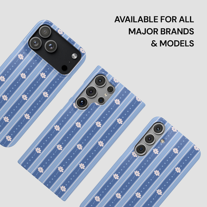 Three blue phone cases with vertical stripes and small white paw prints, shown on different smartphone back designs against a light gray background, with text reading 'AVAILABLE FOR ALL MAJOR BRANDS & MODELS'.