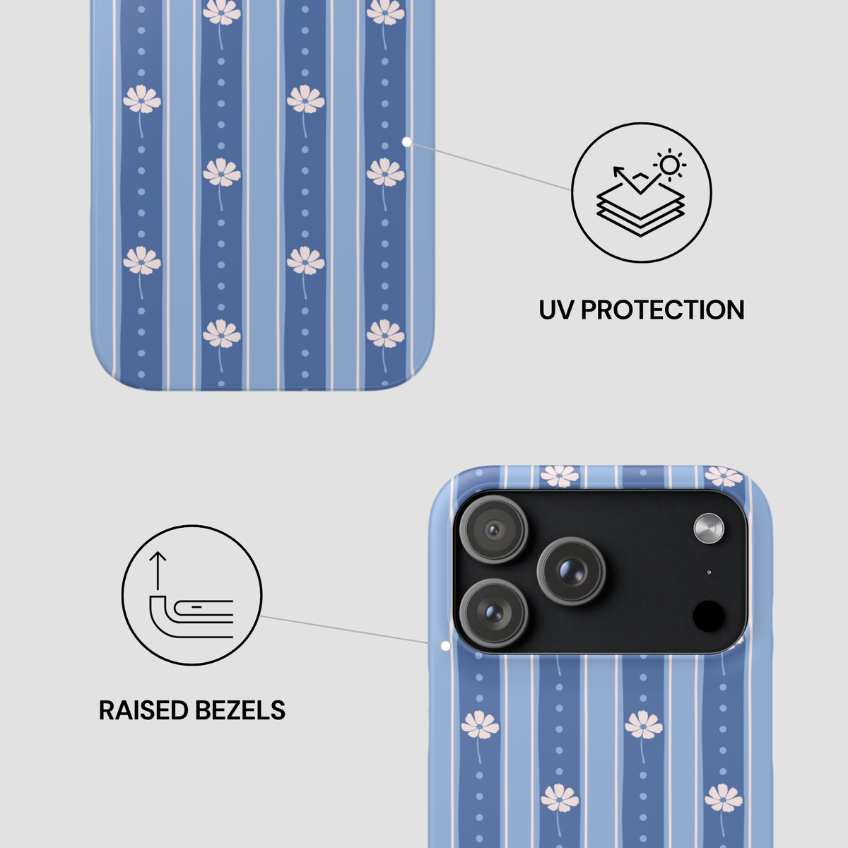 Blue striped phone case with white floral motifs, shown with feature callouts: UV protection icon and raised bezels icon on a light gray background.