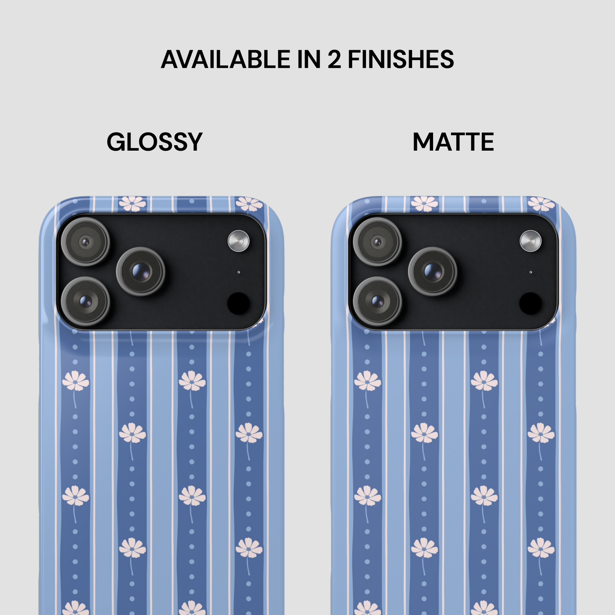 Two smartphone cases shown side by side on a light gray background, labeled GLOSSY and MATTE under the text 'AVAILABLE IN 2 FINISHES.' The cases have a blue striped pattern with small white floral motifs and a black camera cutout area.