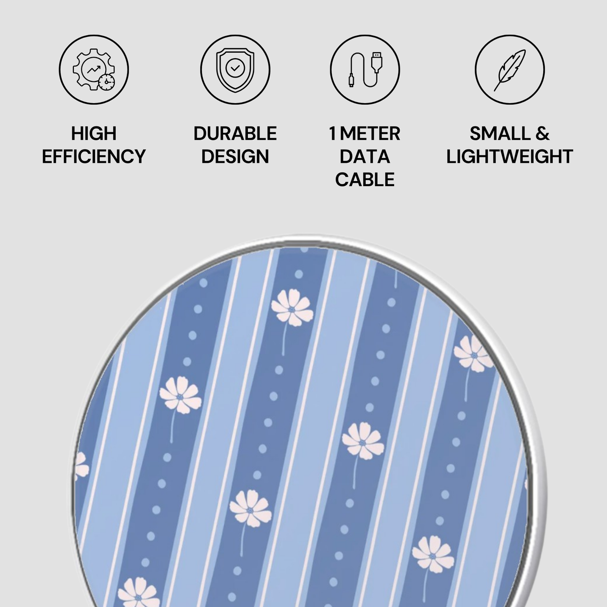A circular blue patterned data cable shown on a light gray background, with four black feature icons and text above reading HIGH EFFICIENCY, DURABLE DESIGN, 1 METER DATA CABLE, and SMALL & LIGHTWEIGHT.