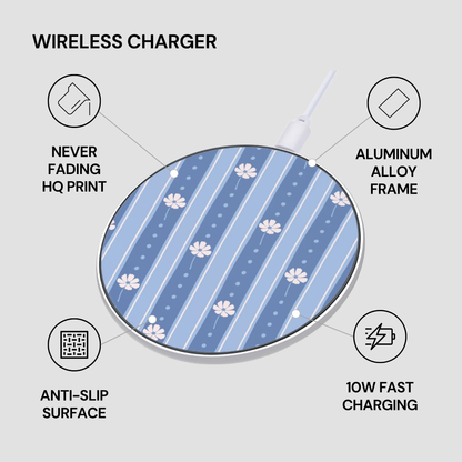 A wireless charger with a blue and white striped pattern and small white flower motifs, shown on a light gray background with feature callouts: never fading HQ print, aluminum alloy frame, anti-slip surface, and 10W fast charging.