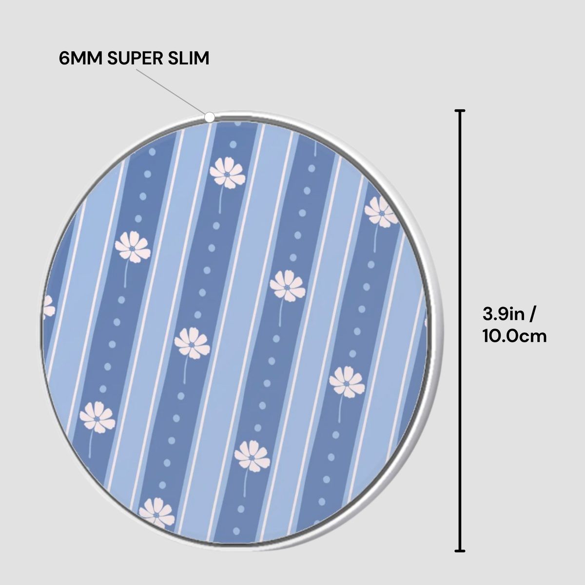 A circular product with a blue and white striped floral pattern, shown with dimension labels indicating 6mm slimness and 3.9 inches (10.
