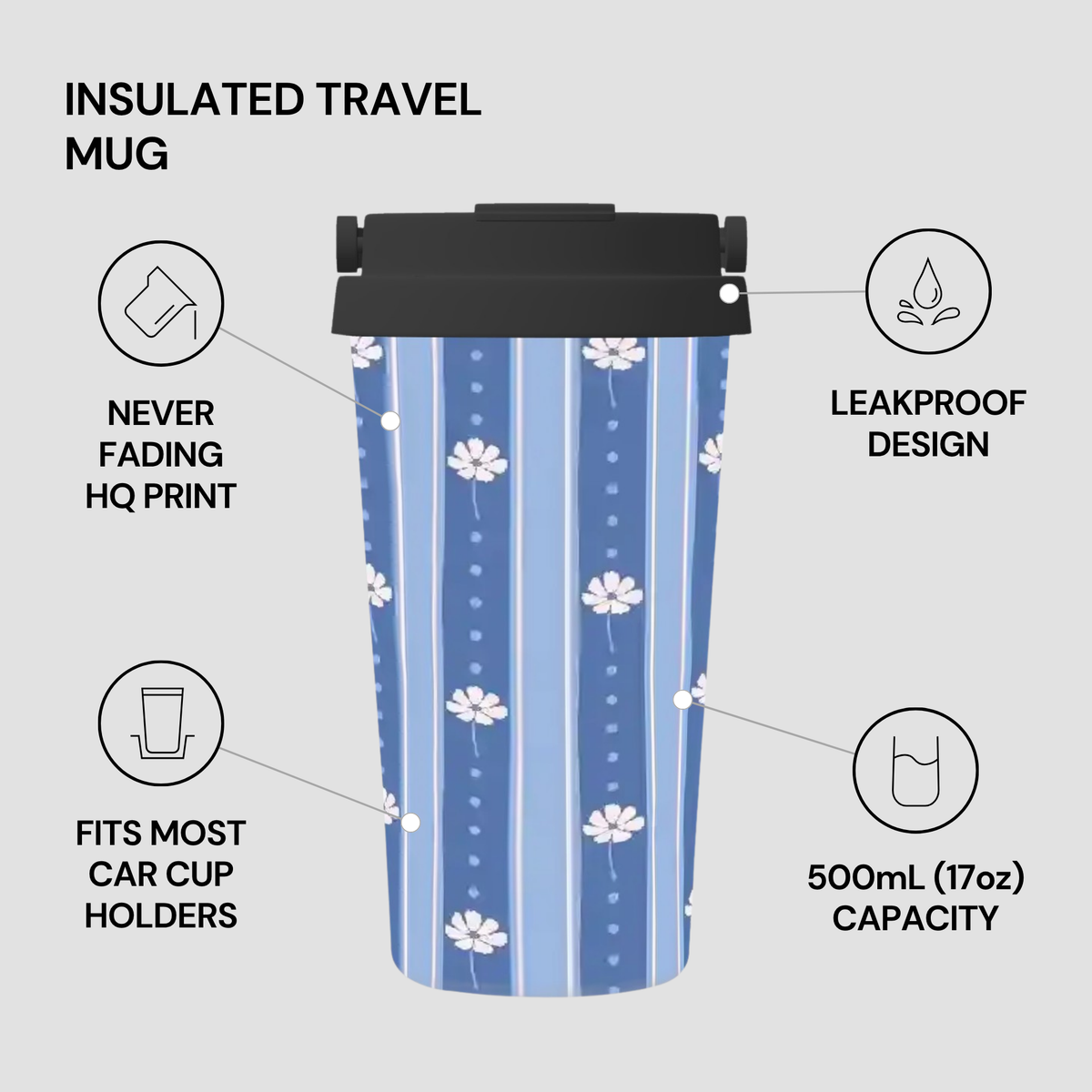 An infographic-style product image of an insulated travel mug on a light gray background. The mug has a blue and white vertical stripe pattern with white flower motifs and a black lid.
