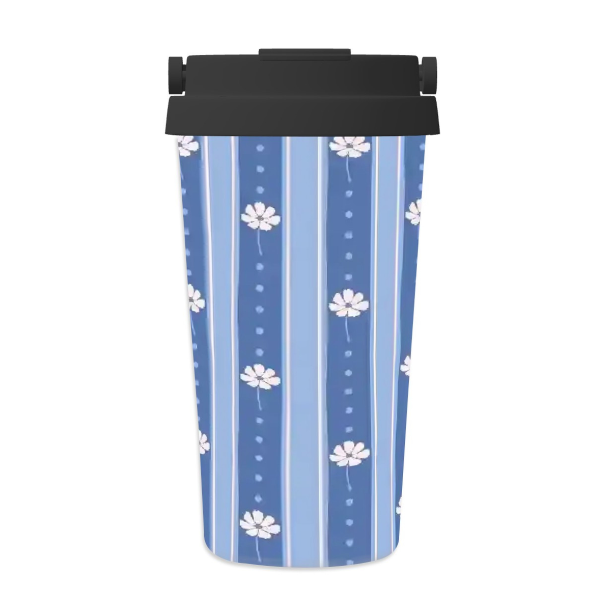 A travel tumbler with a black lid, featuring a blue and white striped pattern with white daisy-like flowers, shown on a plain white background.