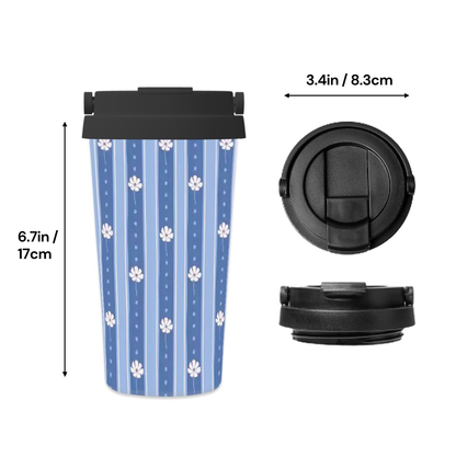 Blue and white striped insulated travel tumbler with white paw print pattern, shown with black lid from front, side, and top-down views with dimension measurements on a white background.