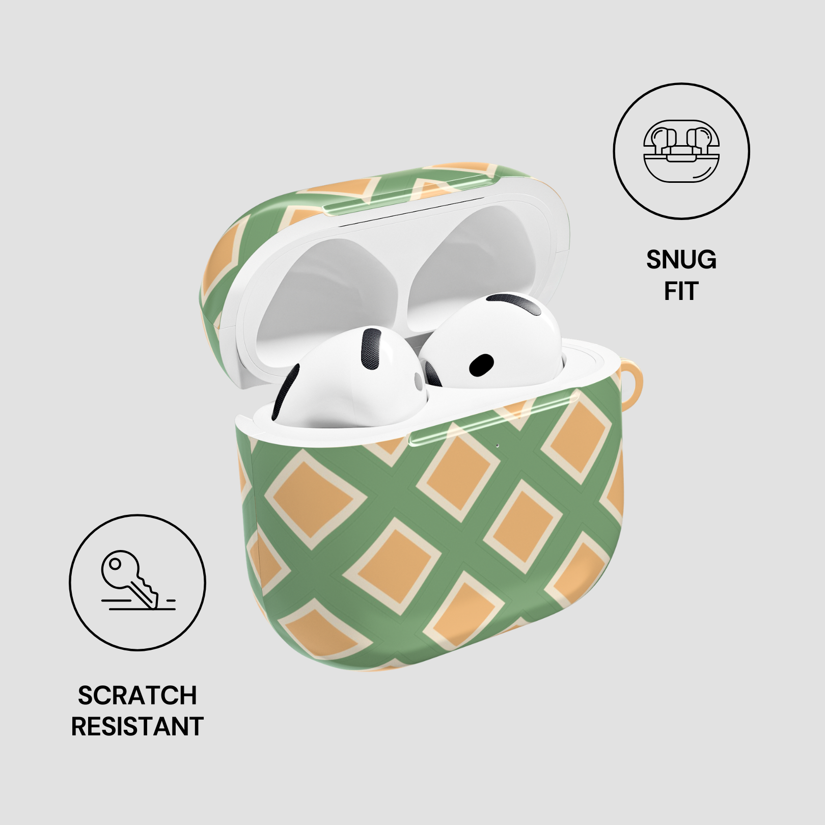 Green and brown patterned case with AirPods, featuring 'Snug Fit' and 'Scratch Resistant' icons on a light gray background.