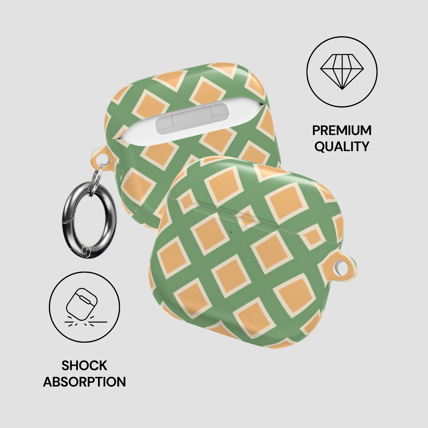 Green and orange patterned case with a keychain on a light gray background