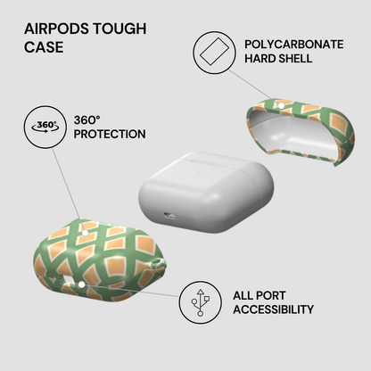 AirPods tough case with features highlighted on a gray background