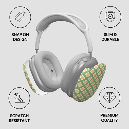 Gray headphones with colorful ear pads on a light gray background with feature icons.