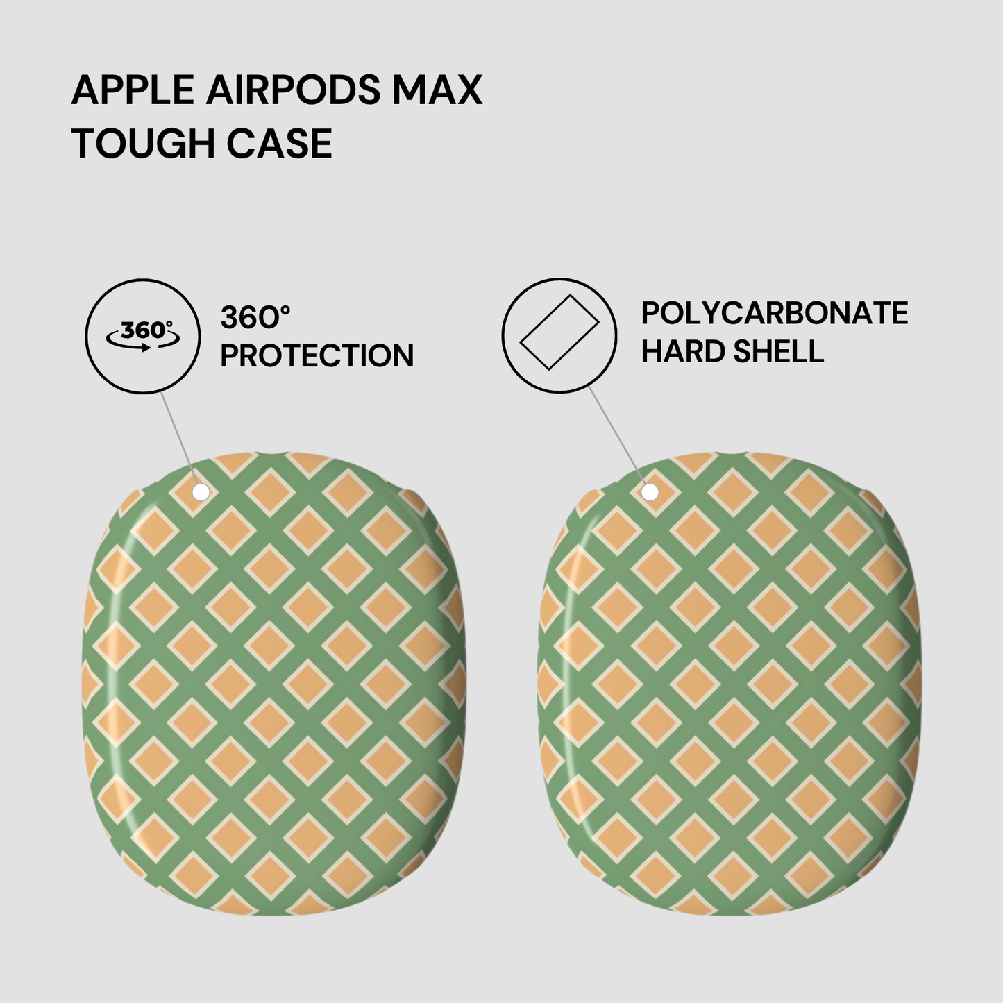 Green and orange patterned tough case for Apple AirPods Max on a light gray background