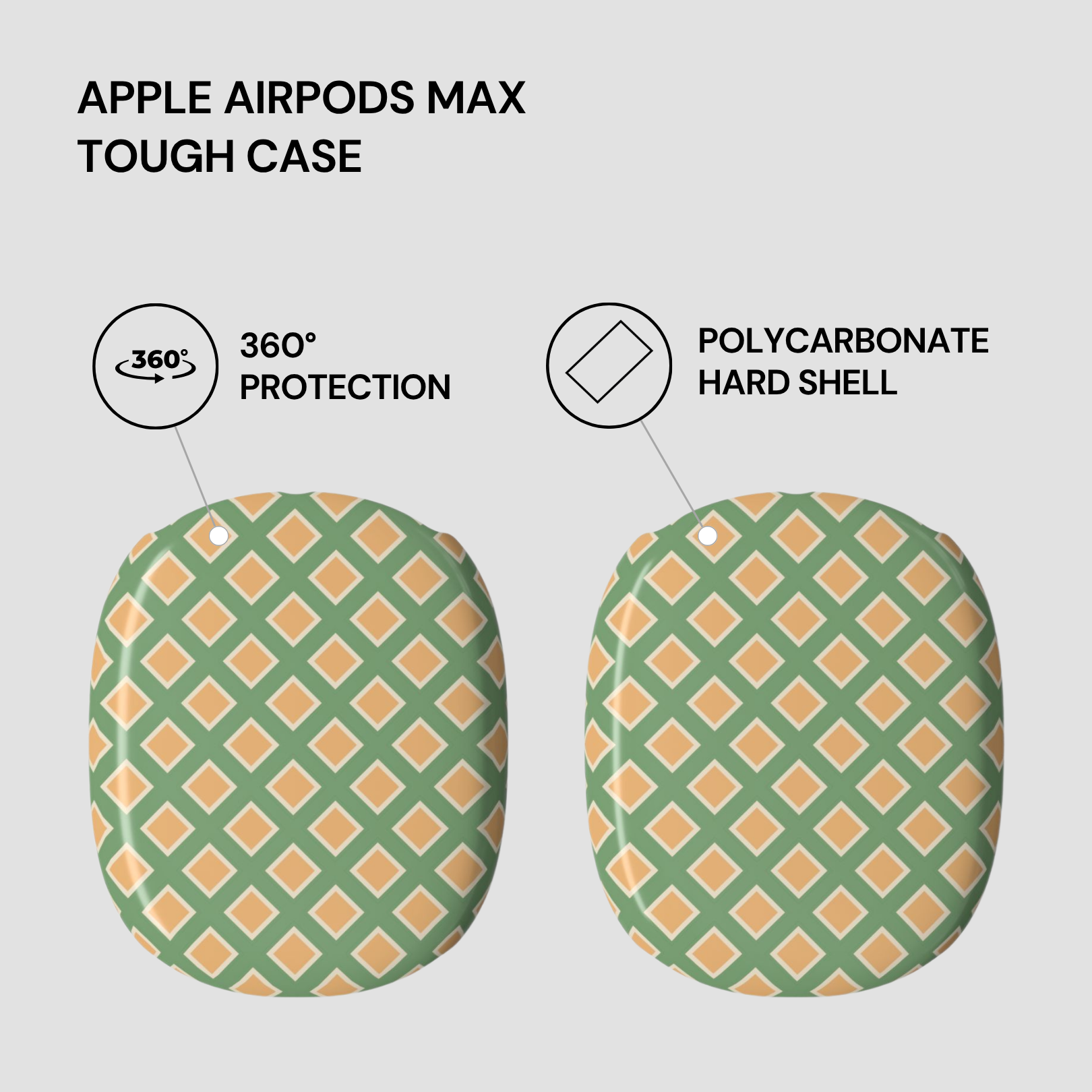 Green and orange patterned tough case for Apple AirPods Max on a light gray background