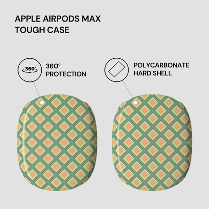 Green and orange patterned tough case for Apple AirPods Max on a light gray background