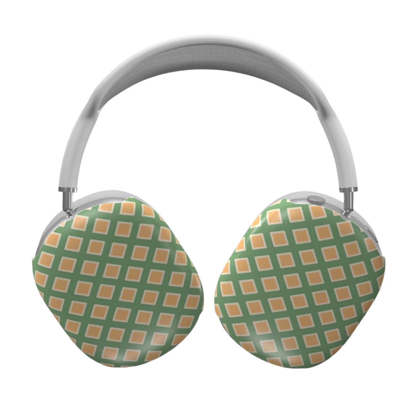 Green and orange checkered headphones on a white background