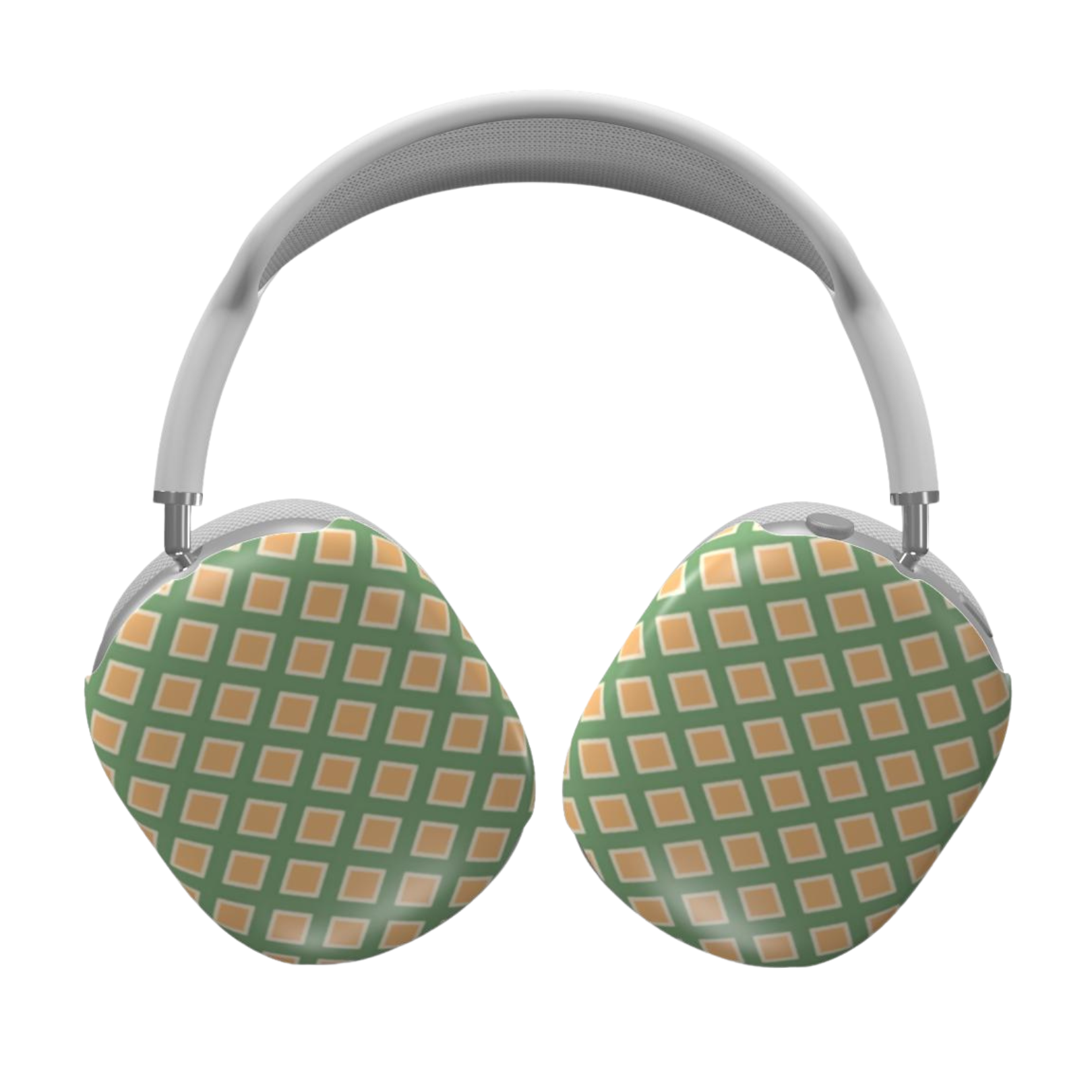 Green and orange checkered headphones on a white background