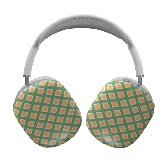 Green and orange checkered headphones on a white background