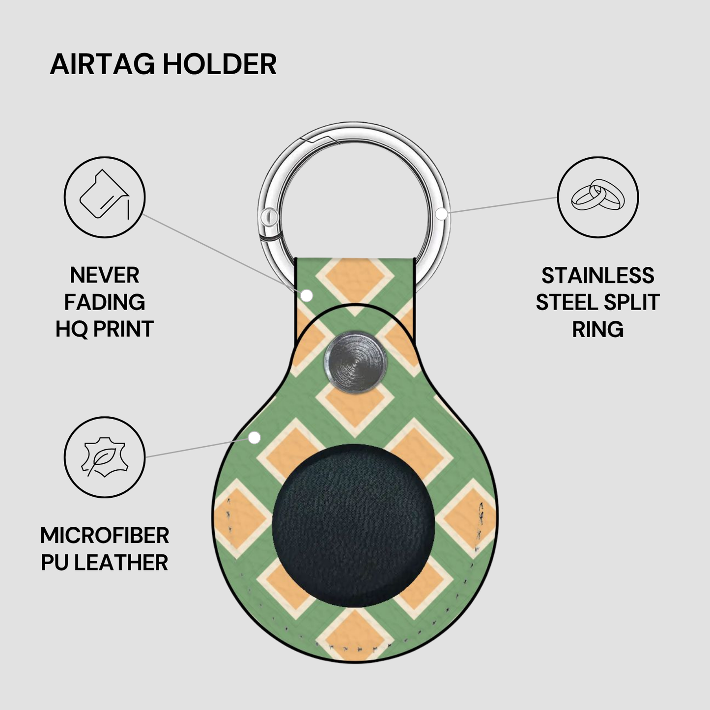 Airtag holder with green and orange diamond pattern on a gray background