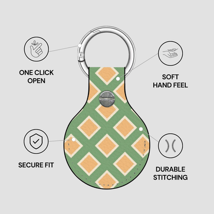 Keychain with green and orange pattern on a gray background, featuring text on features.