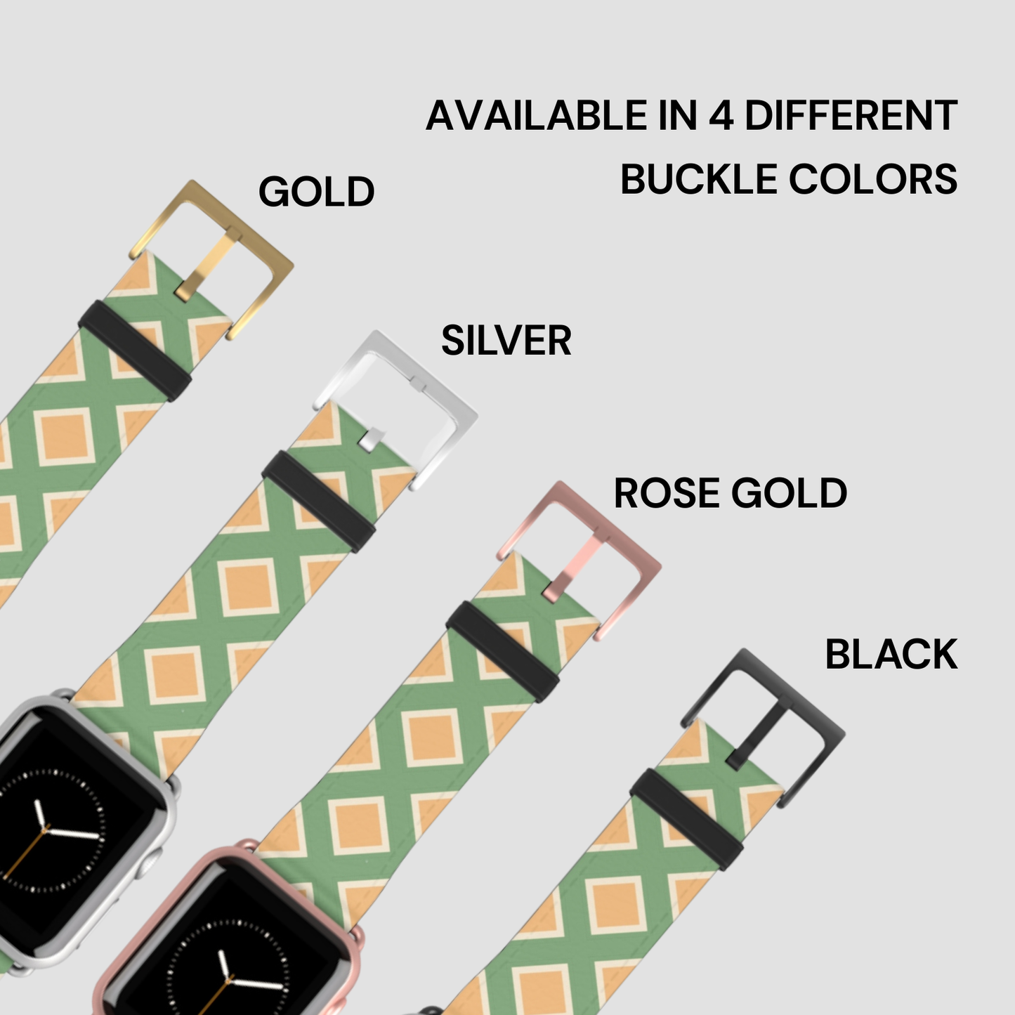 Patterned watch bands with buckles in gold, silver, rose gold, and black on a light gray background.