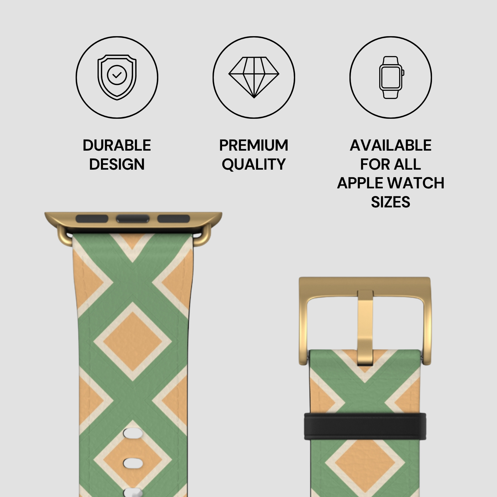 Green and orange patterned Apple Watch band with durability, quality, and compatibility features on a light gray background.