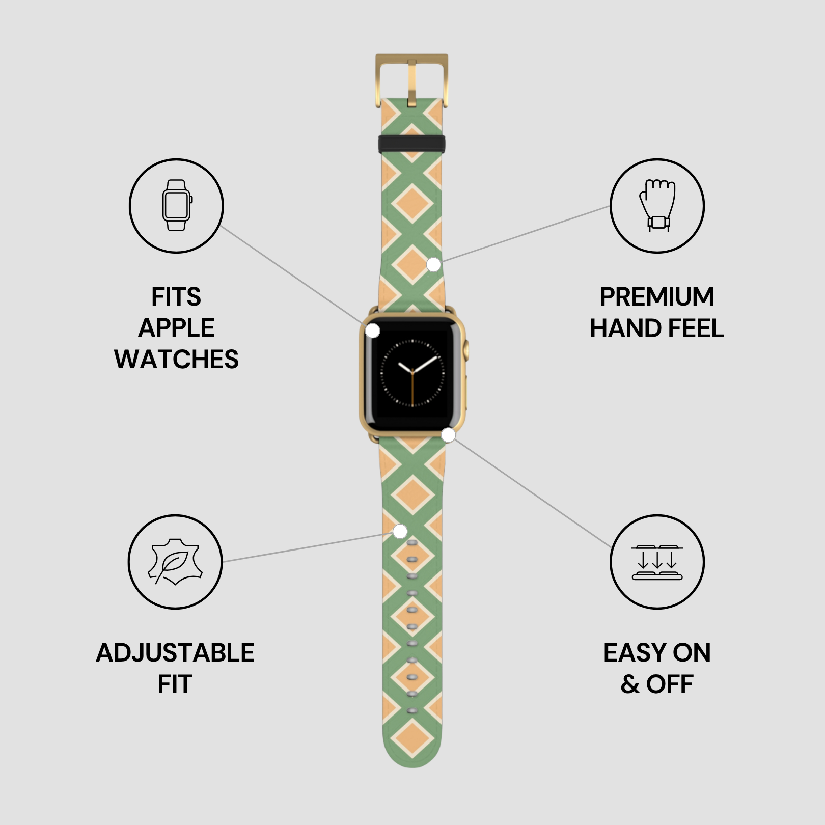 Smartwatch with a patterned band on a gray background with feature icons.