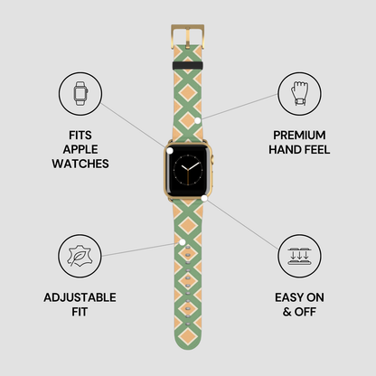 Smartwatch with a patterned band on a gray background with feature icons.