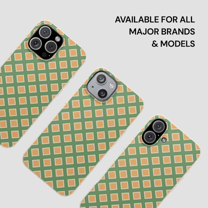 Green and orange checkered phone case on a white background with text 'Available for all major brands & models'.