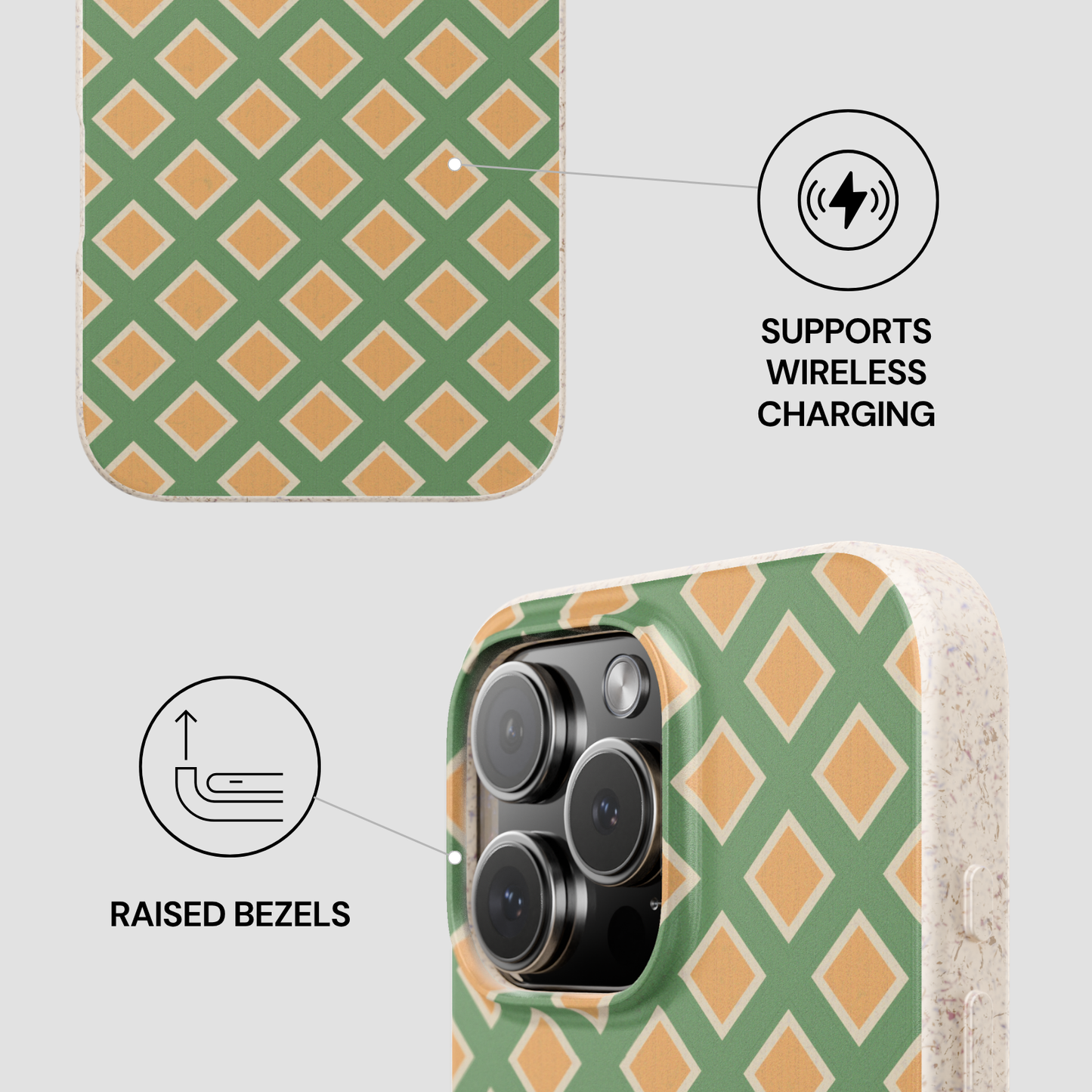 Phone case with geometric pattern, wireless charging symbol, and raised bezels text on a light gray background
