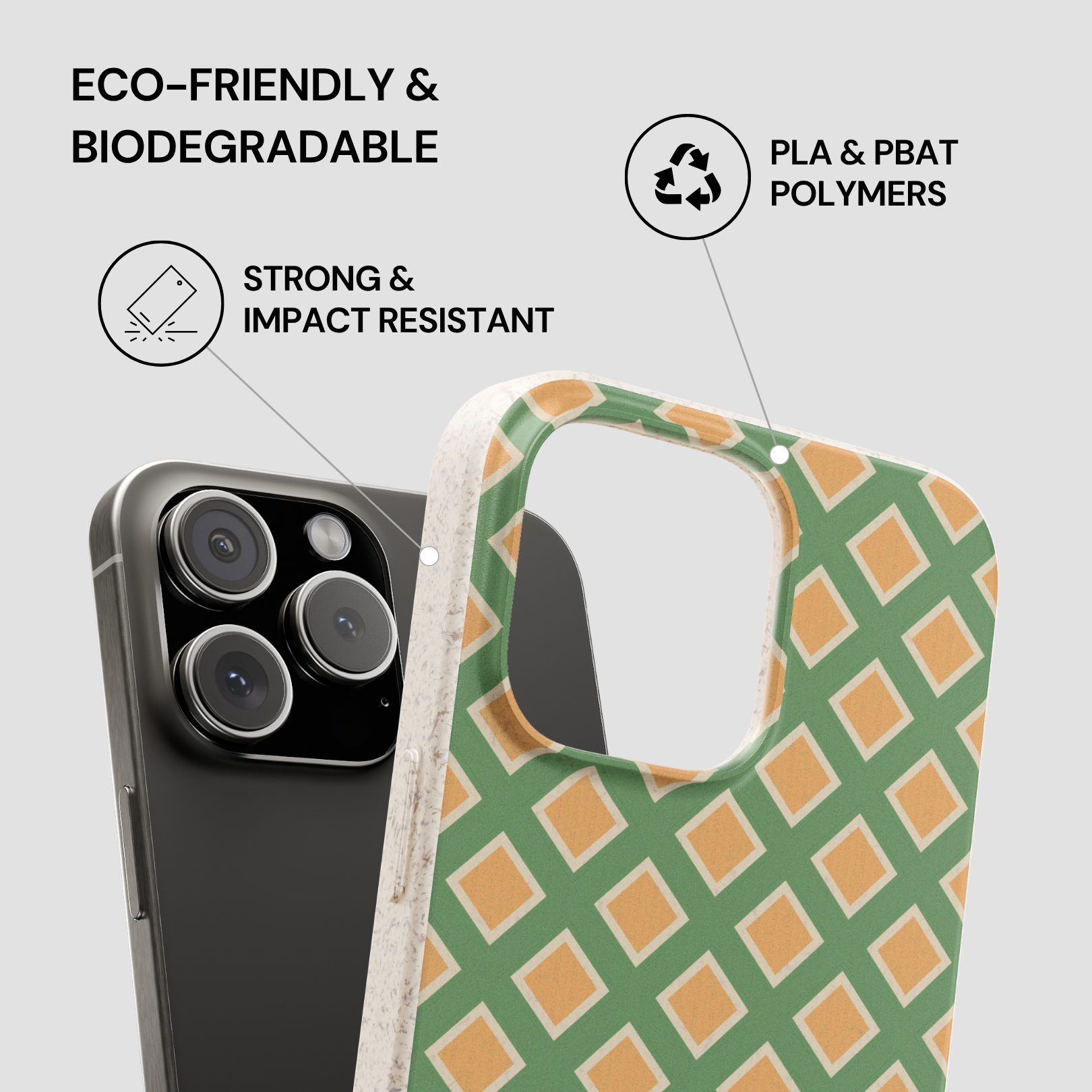 Phone case with green and orange pattern on a gray background, featuring text about eco-friendliness and properties.