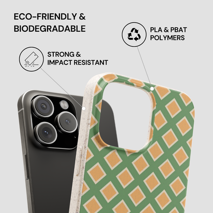 Phone case with green and orange pattern on a gray background, featuring text about eco-friendliness and properties.