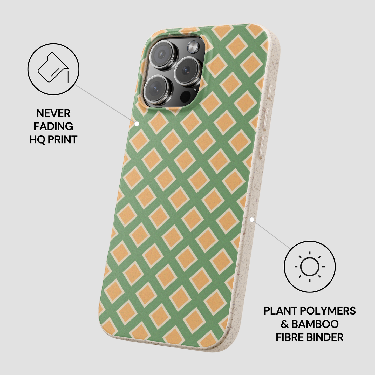 Phone case with green and orange geometric pattern on a light gray background