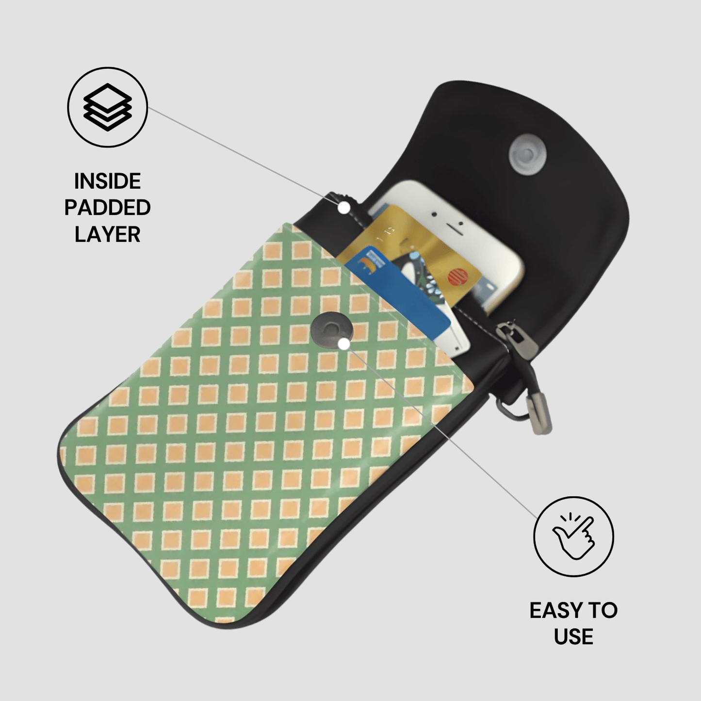 Patterned pouch with phone and card, labeled 'Inside Padded Layer' and 'Easy to Use'.
