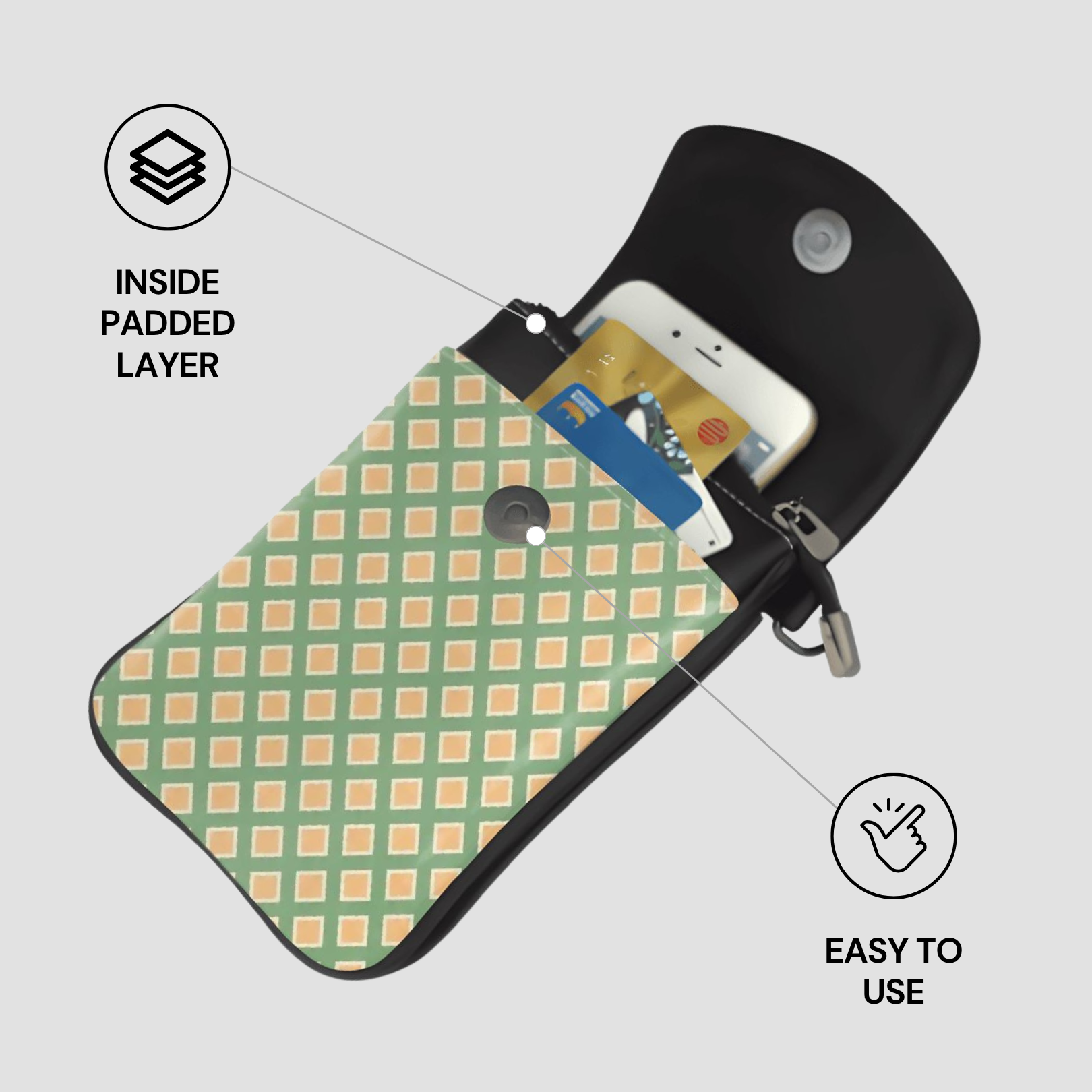 Patterned pouch with phone and card, labeled 'Inside Padded Layer' and 'Easy to Use'.