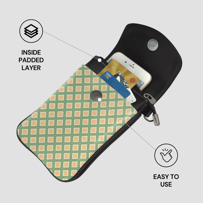 Patterned pouch with phone and card, labeled 'Inside Padded Layer' and 'Easy to Use'.