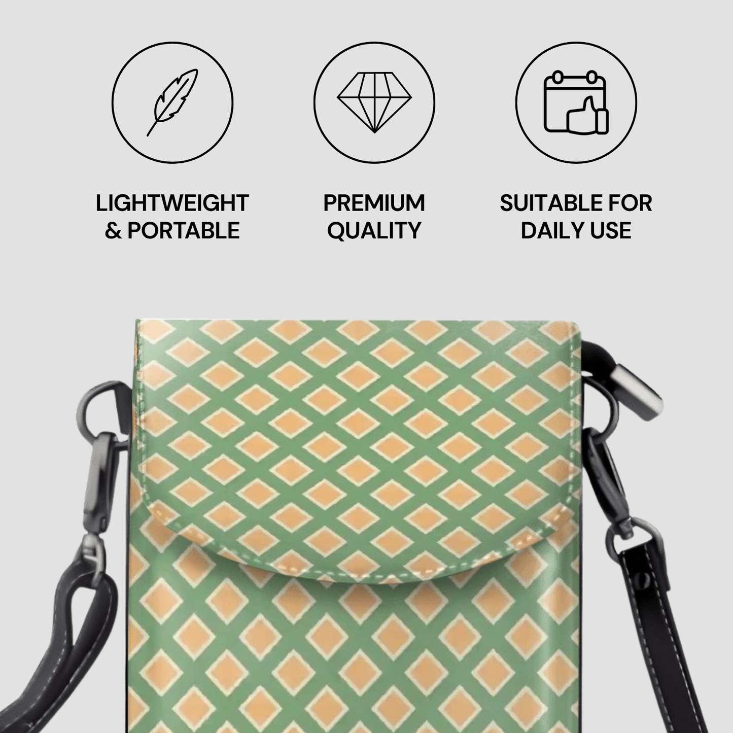 Green and beige patterned bag with icons and text on a light gray background