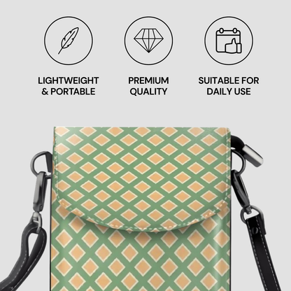 Green and beige patterned bag with icons and text on a light gray background