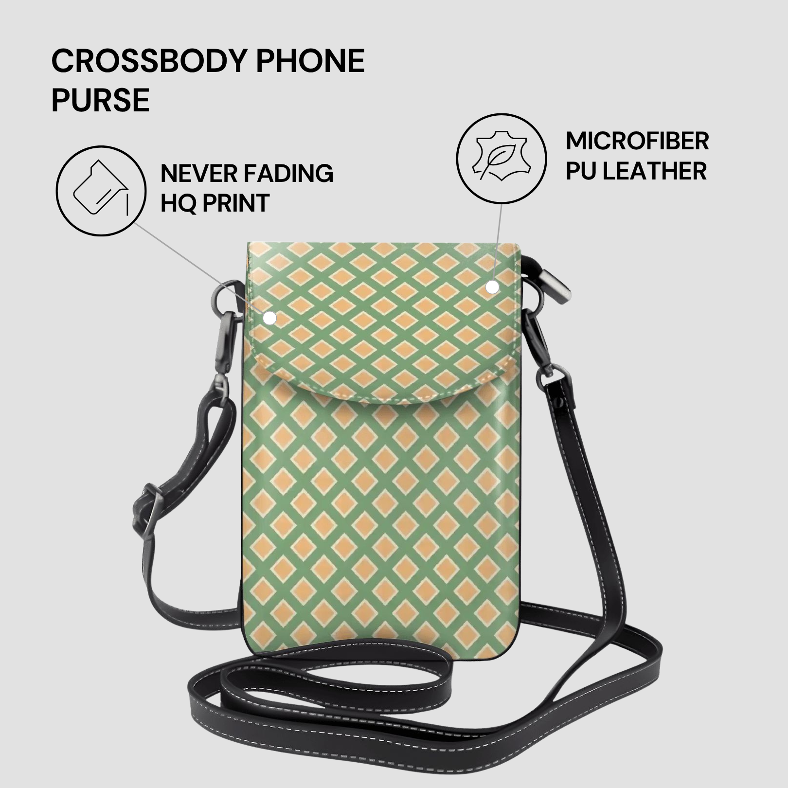 Green and orange patterned crossbody phone purse with features listed on a light gray background