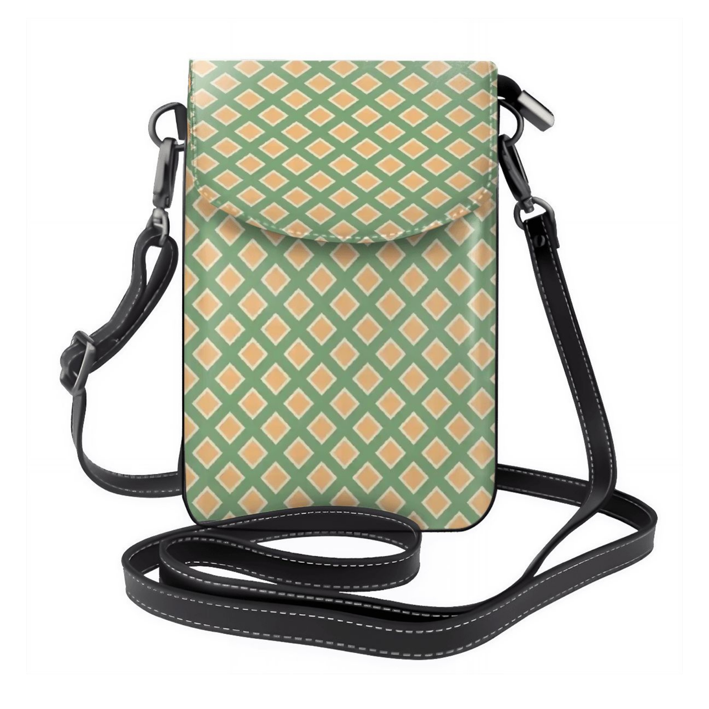 Small crossbody bag with green and orange geometric pattern on a white background